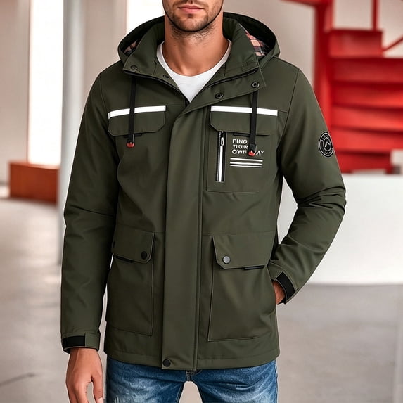 qelini Hood Jackets for Men with Zip Big and Tall Long Sleeve Zipper Removable Hood Coat with Drawstring & Pockets Solid Color Jacket Lightweight