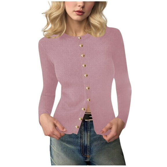 qelini Knit Shirts for Women Long Sleeve Tops Shirts Knitted Solid Crewneck Button Down Fashion Warm Blouses