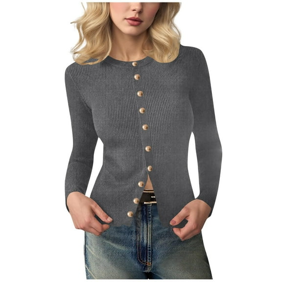 qelini Knit Shirts for Women Long Sleeve Tops Shirts Knitted Solid Crewneck Button Down Fashion Warm Blouses