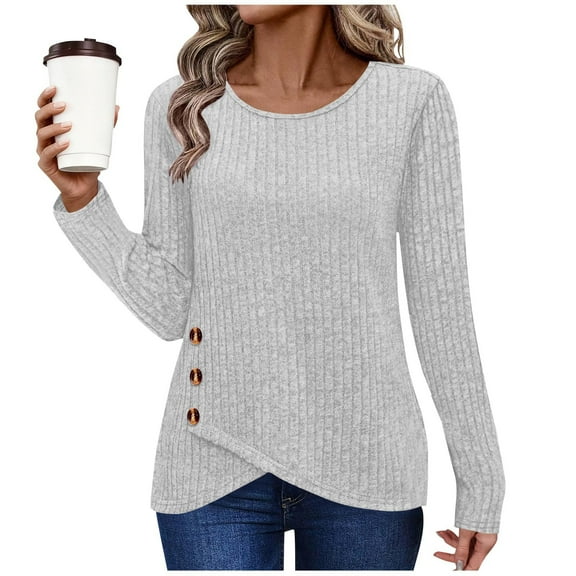 qelini Knit Shirts for Women Ribbed Long Sleeve Tops Blouses Knitted Solid Crewneck Button Down Trendy Tunic Tops