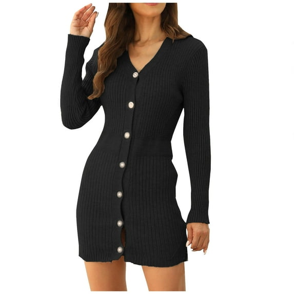 qelini Knitted Dresses for Women Long Sleeve Button down Solid V Neck Bodycon Dress Dressy Elegant Dresses