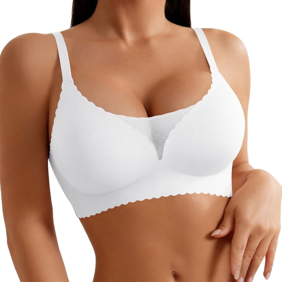 qelini Lace Bras for Women Thin Strap Wireless Breathable Bralettes Side Support Seamless Everyday Tshirt Bra