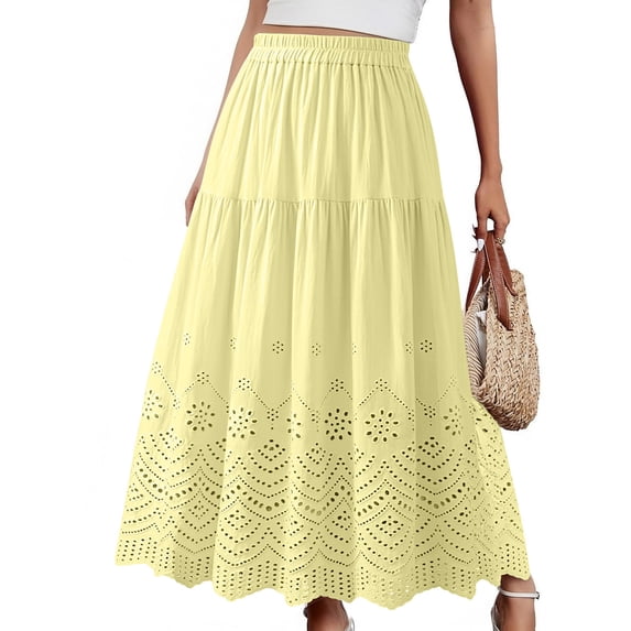 qelini Lace Maxi Skirt for Women Long Skirt Elastic High Waist A-line Skirt Solid Color Casual Skirt