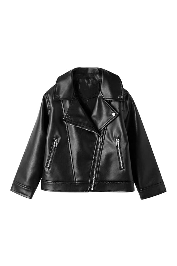 Leather Jacket for Kids 0-13 Years Zipper Overcoat Collar Long Sleeve Pockets Shirt Back to School Solid Cloths