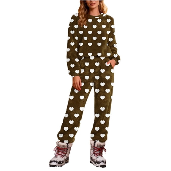 qelini Lightweight Pajamas for Women Heart Print Crewneck Long Sleeve Shirt and Pant with Pocket Pjs Set Soft Warm Sleepwear