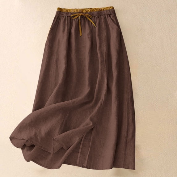 qelini Linen Max Skirt for Women Long Skirt Elastic High Waist A-line Skirt Solid Color Casual Skirt