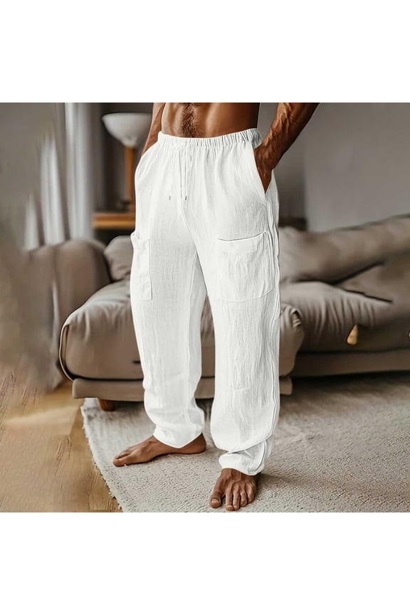 Linen Pants Men Baggy Fit Elastic Drawstring Waist Loose Pockets Trousers Straight Leg Solid Color Long Pants
