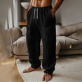 thumbnail image 1 of qelini Linen Pants Men Baggy Fit Elastic Drawstring Waist Loose Pockets Trousers Straight Leg Solid Color Long Pants, 1 of 9