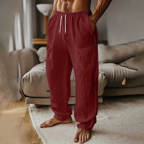 qelini Linen Pants Men Baggy Fit Elastic Drawstring Waist Loose Pockets Trousers Straight Leg Solid Color Long Pants