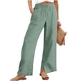 thumbnail image 1 of qelini Linen Pants Women Wide Leg Elastic Waist Plus Size Pockets Long Pants Straight Leg Solid Side Slit Buttons Cloths, 1 of 9