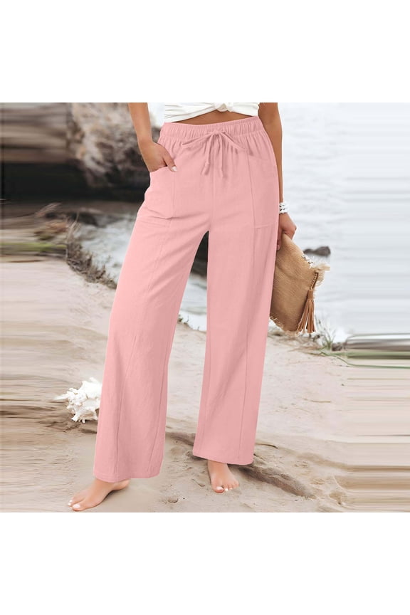 Linen Pants for Women Elastic Drawstring Waist Loose Pockets Long Pants Straight Leg Solid Color Casual Cloths