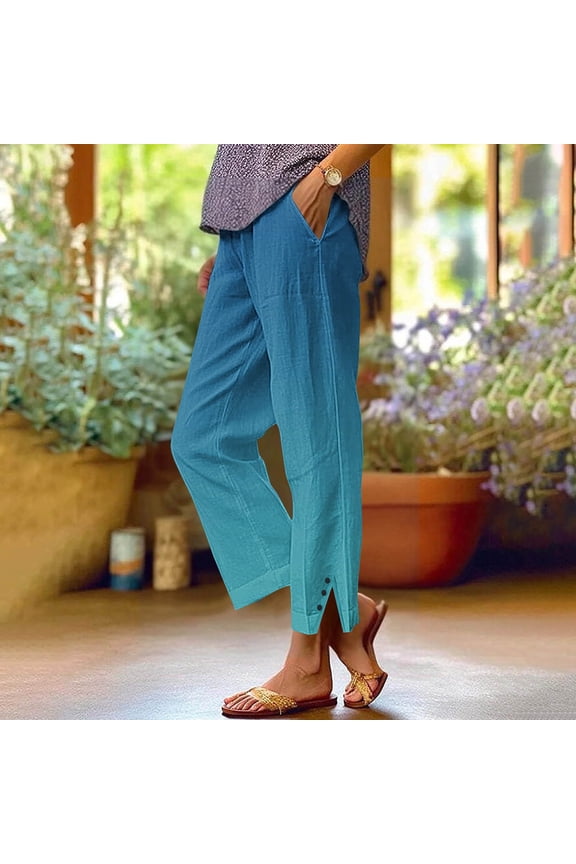 Linen Pants for Women Elastic Waist Pockets Ombre Print Long Pants Straight Leg Side Slit Buttons Cloths