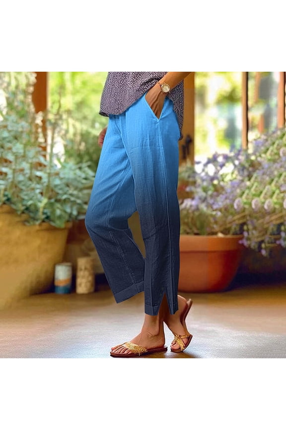 Linen Pants for Women Elastic Waist Pockets Ombre Print Long Pants Straight Leg Side Slit Buttons Cloths