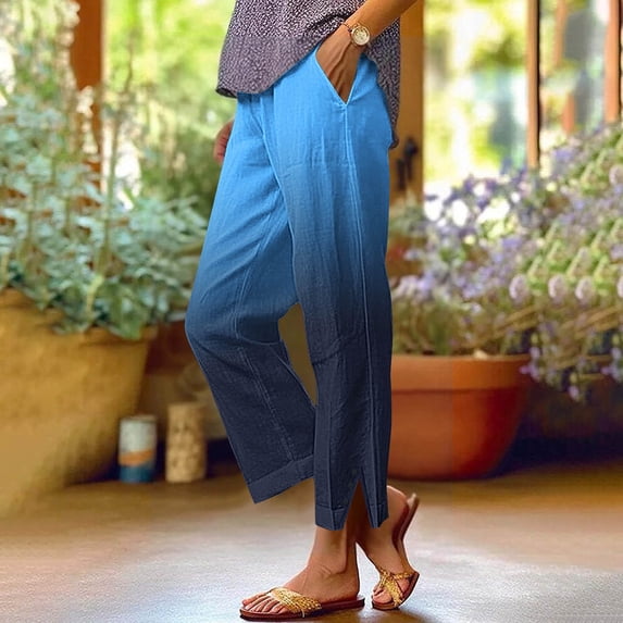 qelini Linen Pants for Women Elastic Waist Pockets Ombre Print Long Pants Straight Leg Side Slit Buttons Cloths