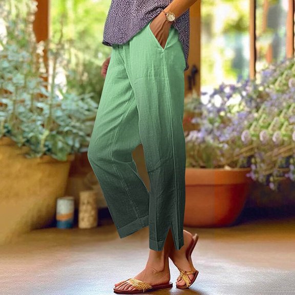 qelini Linen Pants for Women Elastic Waist Pockets Ombre Print Long Pants Straight Leg Side Slit Buttons Cloths