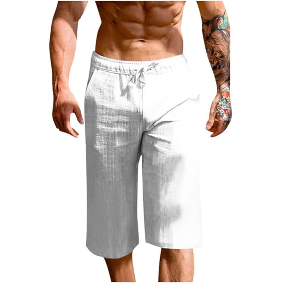 qelini Linen Shorts Men Big and Tall Capris Pants Pockets Drawstring Waist Print Ankle Pants Daily Wear