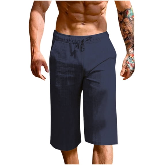 qelini Linen Shorts Men Big and Tall Capris Pants Pockets Drawstring Waist Print Ankle Pants Daily Wear