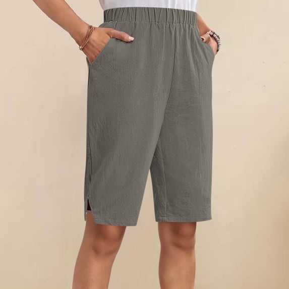 qelini Linen Shorts for Women Elastic Drawstring Waist Baggy Pockets Bermuda Shorts Straight Leg Solid Color Cloths