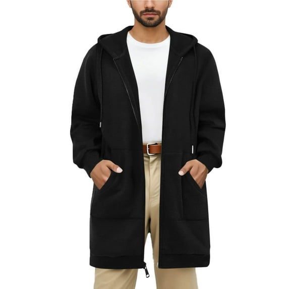 qelini Long Jacket for Men Long Sleeve Coats Solid Hooded Zip up Jackets Casual Winter Outerwear with Pockets