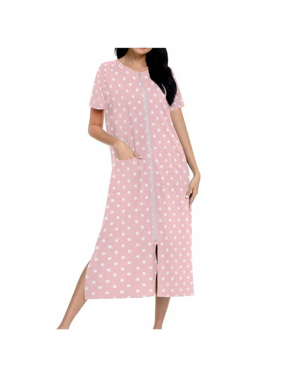 Long Robes for Women Zipper Front Sleepwear Crew Neck Short Sleeve Loungewear Ombre Print Homewear