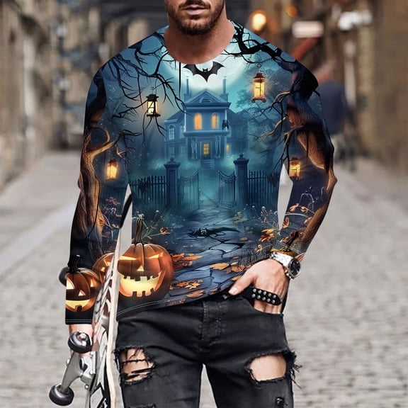 qelini Long Sleeve Graphic Tees for Men Plus Size Round Neck Pullover Tops for Outdoors Running Workout Fall amd Winter Ghost Print Witch Shadow Skeleton Party Multicolor XL