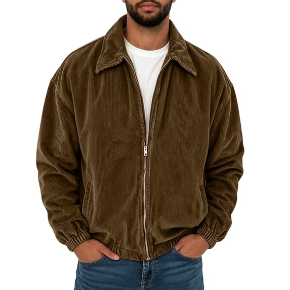 qelini Long Sleeve Jacket Men Plus Size Corduroy Zipper Collared Jacket Solid Color Everyday Outerwear