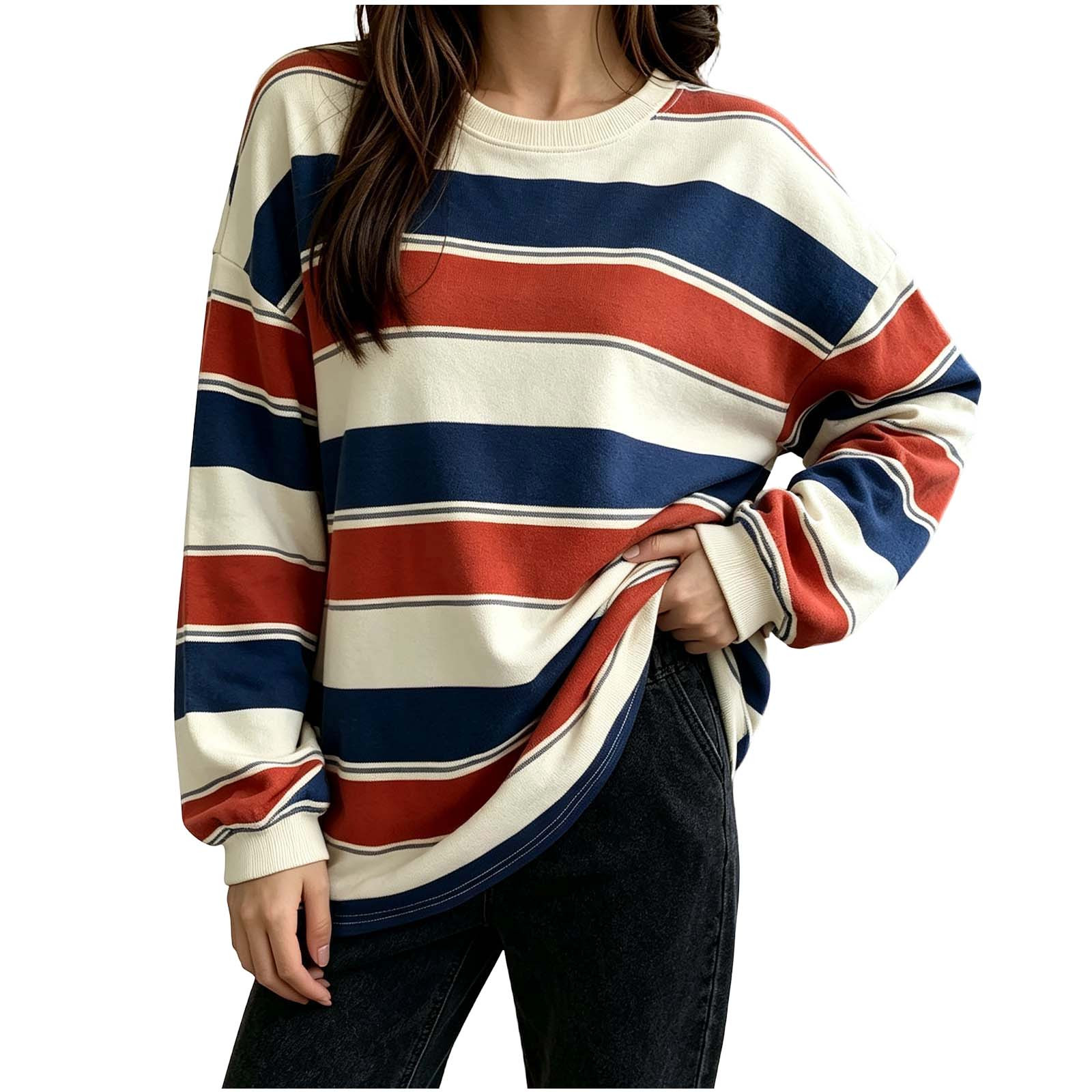 qelini Long Sleeve Pajama Tops for Women Plus Size Striped Crewneck ightweight Loose Fit Sleep Shirt for Lounge & Comfort Ptint Cloths