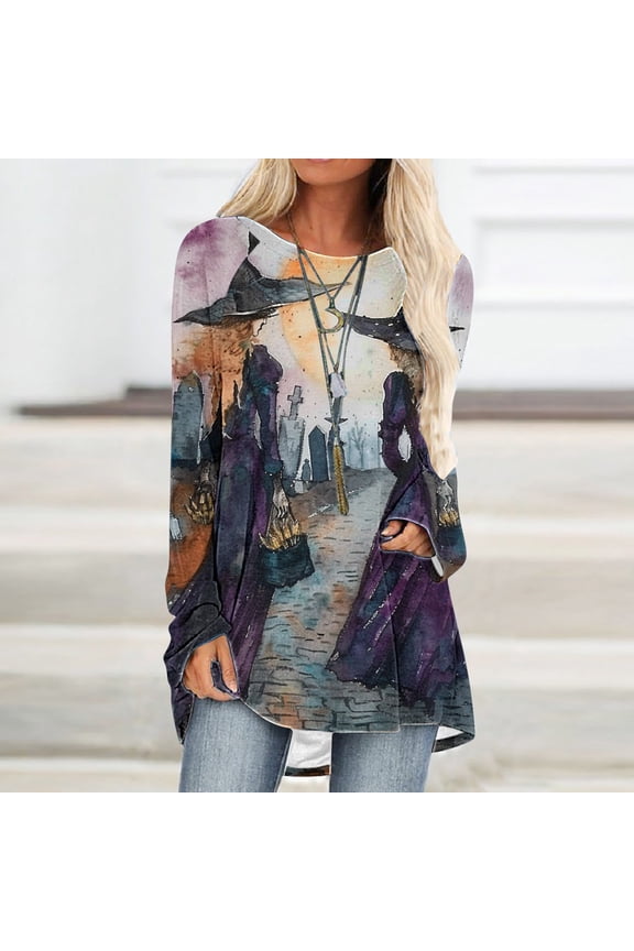 Long Sleeve Shirts for Women Casual Halloween Fall Winter Oversize Tees Plus Size Blouses Crew-neck Pullover Witch Graphic Trendy Lightweight Soft Black L
