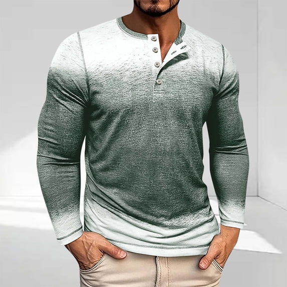 qelini Long Sleeve Shirts for Men Round Neck Button Casual Lightweight Tops Basic Pullover Gradient Trendy Tee Shirts Green XXL