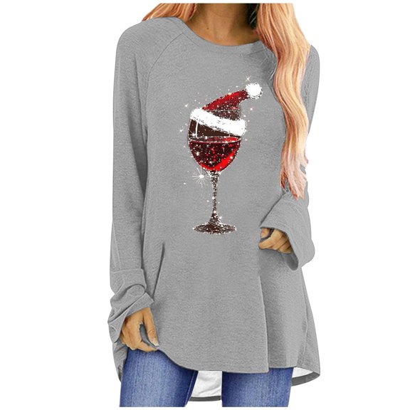 qelini Long Sleeve Shirts for Women Plus Size Crewneck Pullover Red Wine Glass Print Tunic Tops Casual Holiday Blouses
