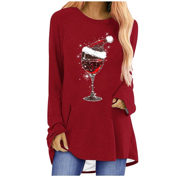 qelini Long Sleeve Shirts for Women Plus Size Crewneck Pullover Red Wine Glass Print Tunic Tops Casual Holiday Blouses