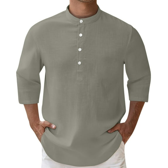 qelini Long Sleeve Tee Shirts for Men Round Neck Button Casual Lightweight T-Shirt Basic Pullover Solid Color Tee Tops Gray XXL