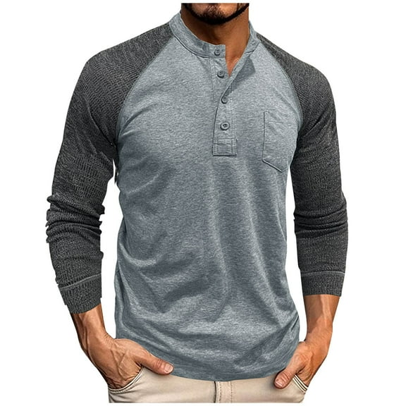 qelini Long Sleeve Tops for Men Round Neck Button Casual Lightweight T-Shirt Basic Pullover Solid Color Tee Tops Gray XXL