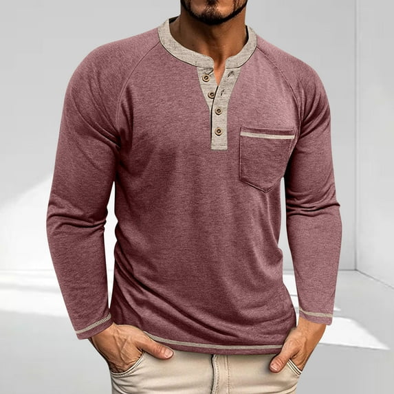 qelini Long Sleeve Tops for Men Round Neck Button Casual Lightweight T-Shirt Basic Pullover Solid Color Tee Tops Red L