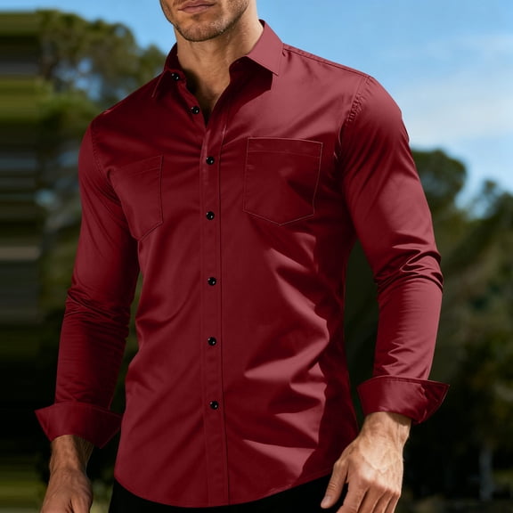 qelini Long Sleeve Work Shirts for Men Business Everyday with Pockets Solid Color Collared Botton Down