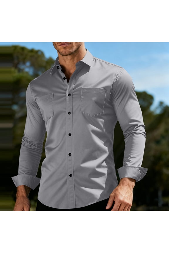 Long Sleeve Work Shirts for Men Business Everyday with Pockets Solid Color Collared Botton Down
