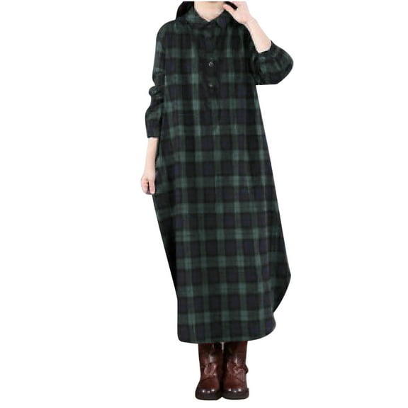 qelini Long Winter Dresses for Women Long Sleeve Plaid Button down Dress Oversized Casual Full Length Dresses