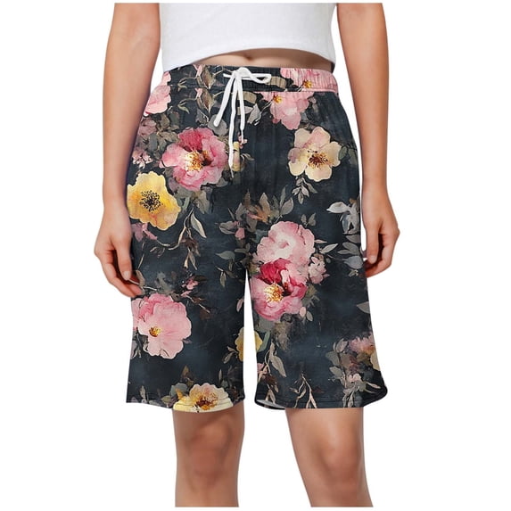 qelini Lounge Shorts Women Drawsting High Waist Bermudas Shorts Pockets Floral Print Shorts Breathable Shorts