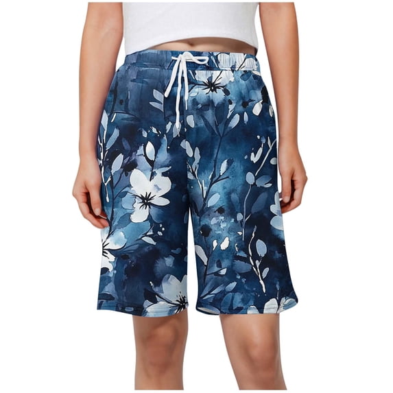 qelini Lounge Shorts Women Drawsting High Waist Bermudas Shorts Pockets Print Shorts Loose Shorts