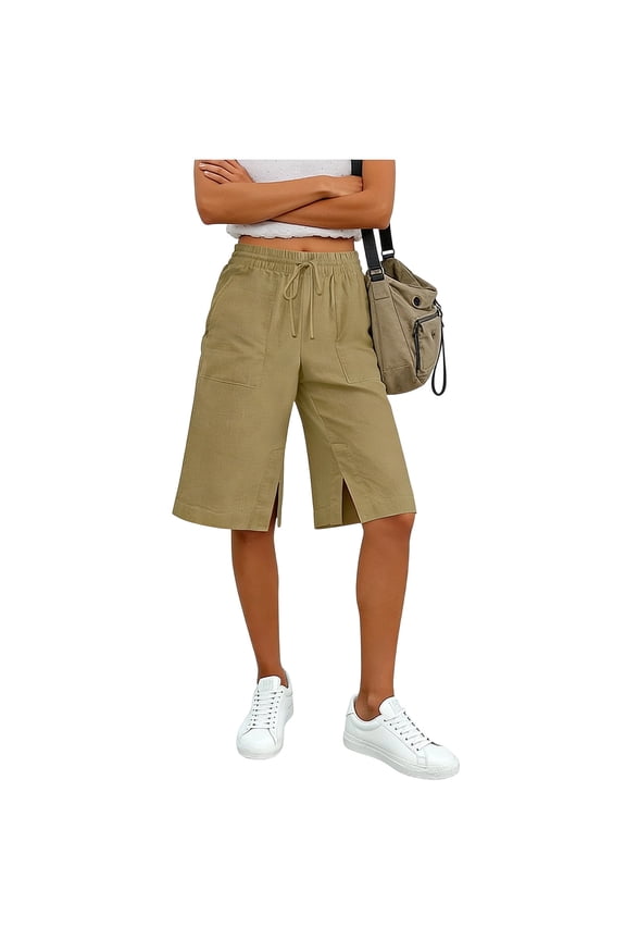 Womens Linen Shorts Drawsting Waist Summer Bermudas Shorts Pockets Solid Color Shorts Side Split