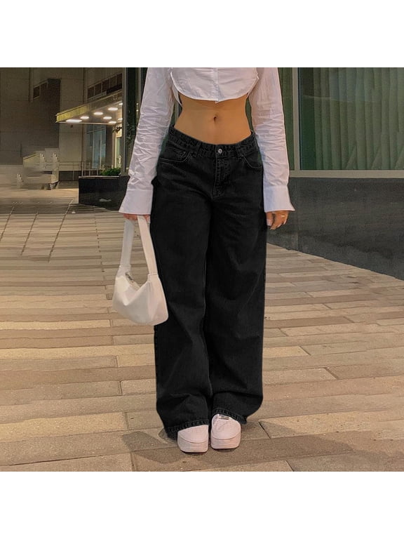 Low Rise Jeans Women Plus size Wide Leg Pocket Vintage Denim Pants Loose Solid Color Streetwear