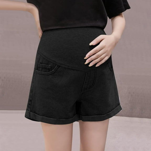 qelini Maternity Denim Shorts for Women High Waist Solid Belly Support Pants Elastic Shorts Jeans with Adjustable Waist