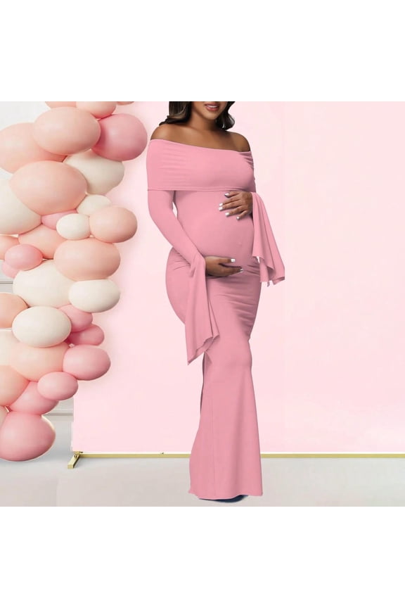 Maternity Dresses for Women Side Slit Long Dress Off Shoulder Flutter Dress Long Flare Sleeve Evening Gown