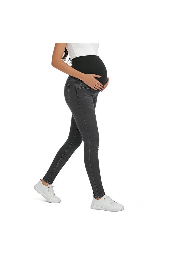 Maternity Jeans for Women Elastic Waist Fleece Lined Skinny Jeans Solid Color Stretchy Full Length Pants