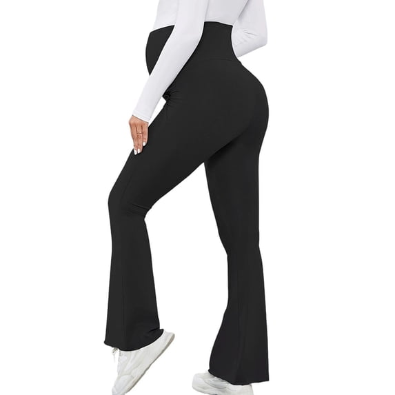 qelini Maternity Leggings for Women High Waist Solid Belly Support Pants Cotton Elastic Bell Bottom Trousers