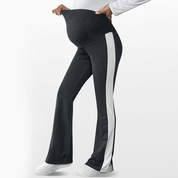 qelini Maternity Leggings for Women High Waist Solid Belly Support Pants Cotton Elastic Side Stripe Pants