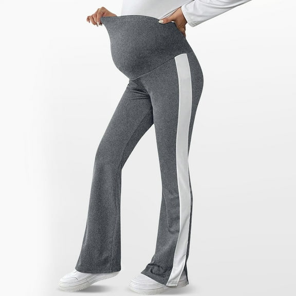 qelini Maternity Leggings for Women High Waist Solid Belly Support Pants Cotton Elastic Side Stripe Pants