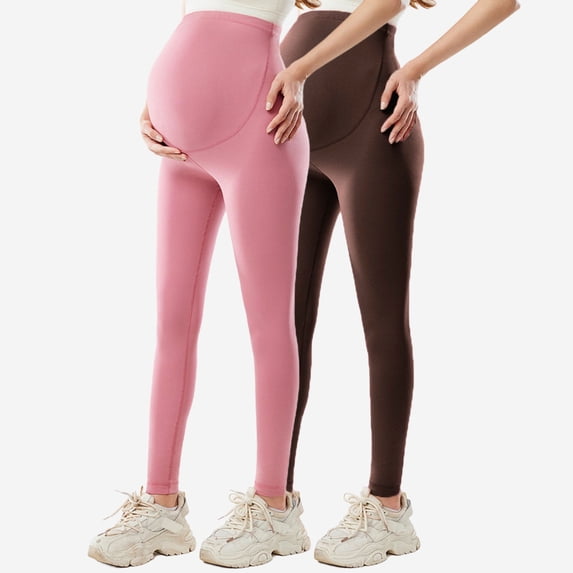qelini Maternity Leggings for Women High Waist Solid Yoga Pants Pockets Breathable Elastic Full Length Pants 2 Pack