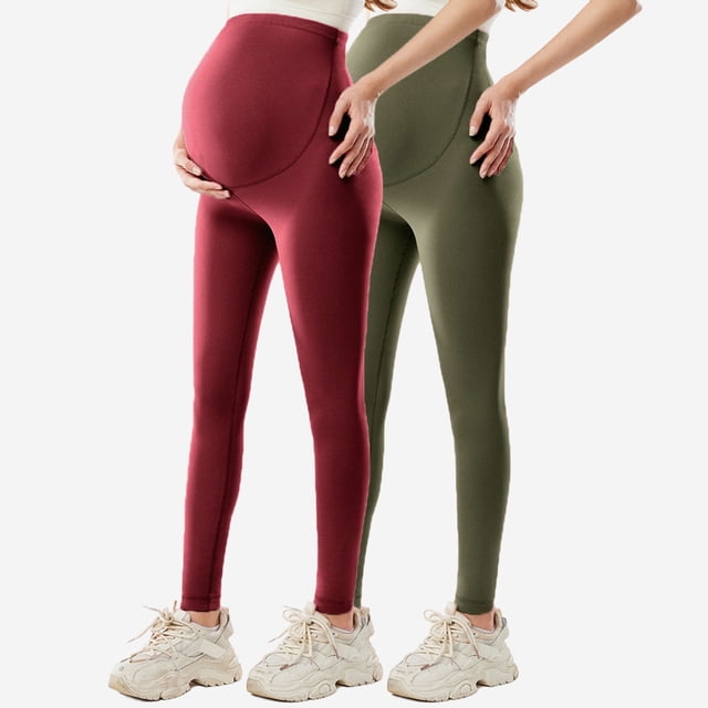 qelini Maternity Leggings for Women High Waist Solid Yoga Pants Pockets Breathable Elastic Full Length Pants 2 Pack