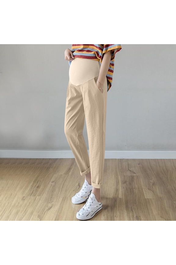 Maternity Linen Pants for Women High Waist Solid Color Belly Support Pants Pockets Elastic Full Length Trousers